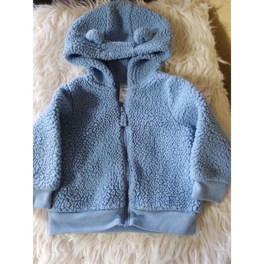 Carters Baby Blue Sherpa Fleece Hooded Jacket Bear Ears 9M Zip Up Sweater